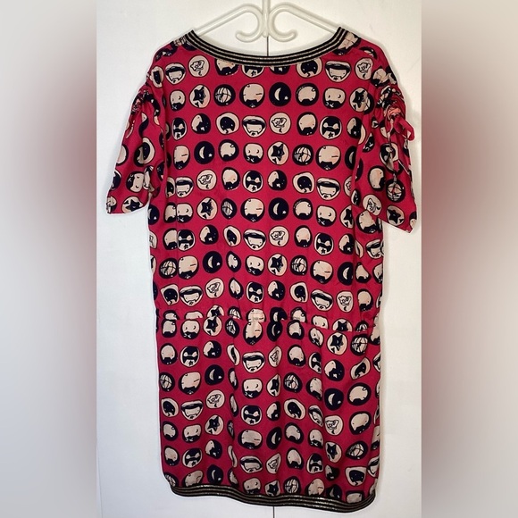 Anna Sui silk, lined dress, with drawstring waist, red with cream/black/silver. - Picture 6 of 15